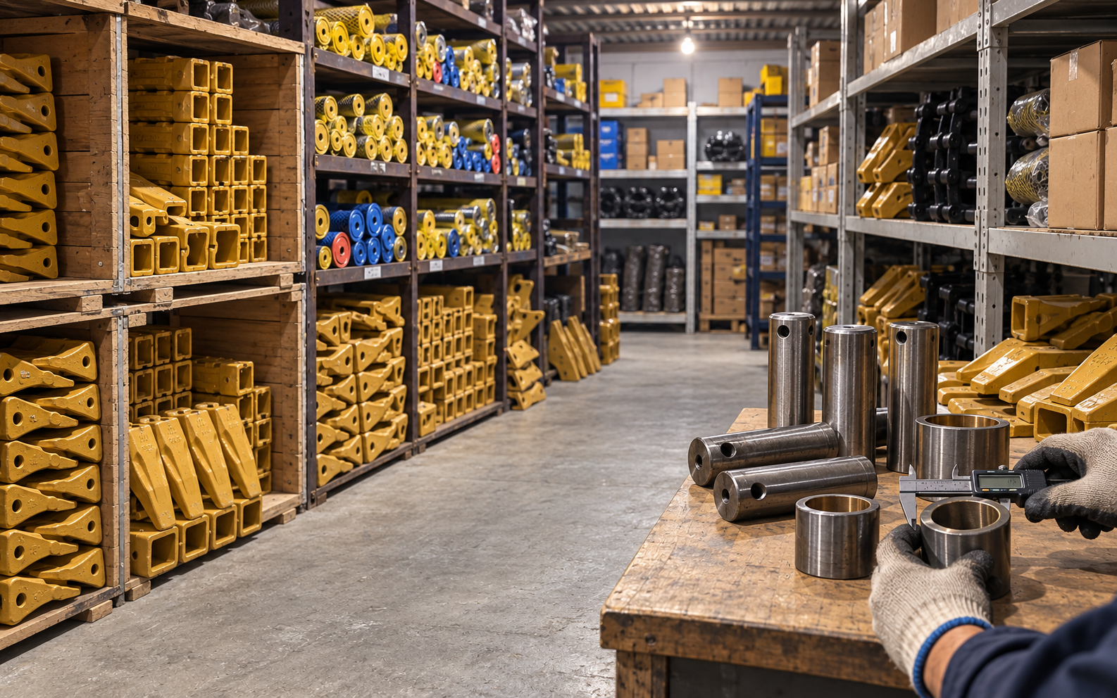 Excavator wear parts warehouse with a bushing being measured for inspection